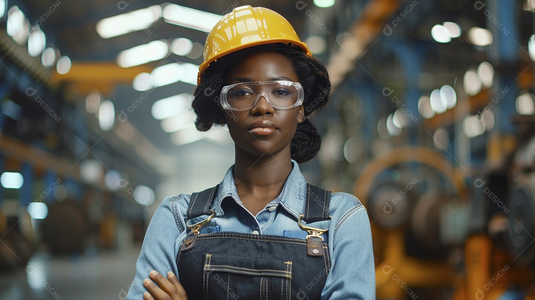 Engenheira Mulher, 30 anos, capacete amarelo e macacão azul escuro, usando um Tablet