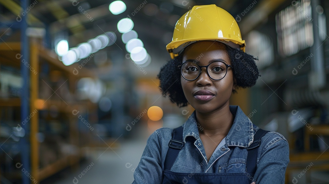 Engenheira Mulher, 30 anos, capacete amarelo e macacão azul escuro, usando um Tablet