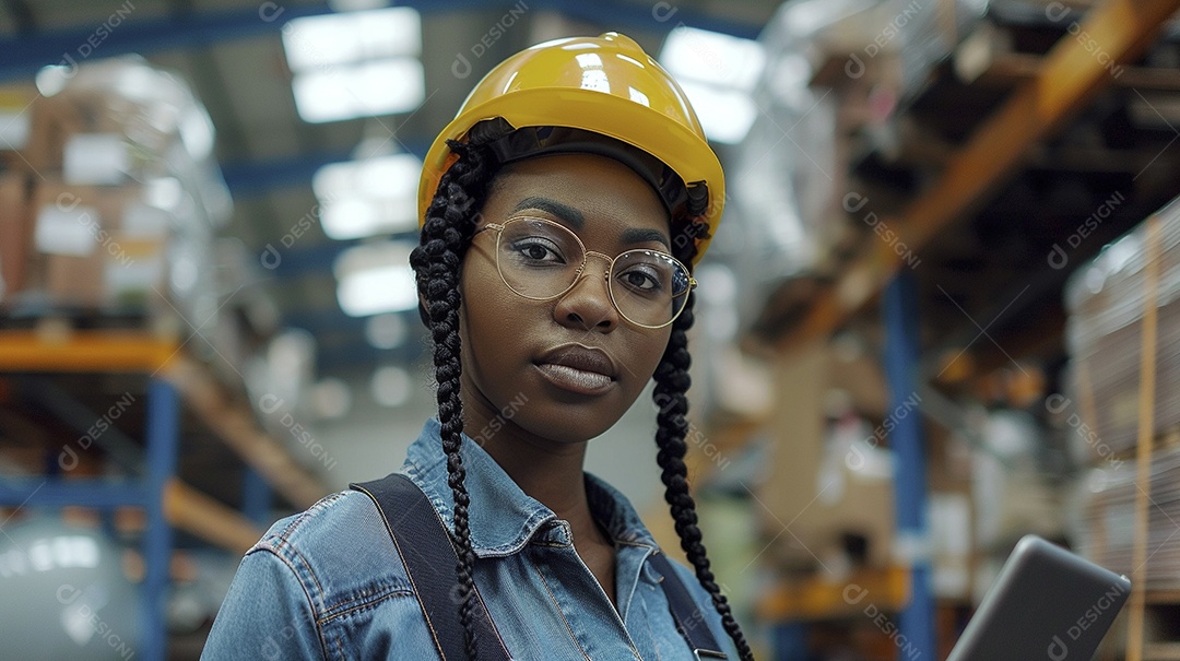 Engenheira Mulher, 30 anos, capacete amarelo e macacão azul escuro, usando um Tablet