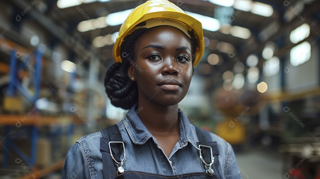 Engenheira Mulher, 30 anos, capacete amarelo e macacão azul escuro, usando um Tablet