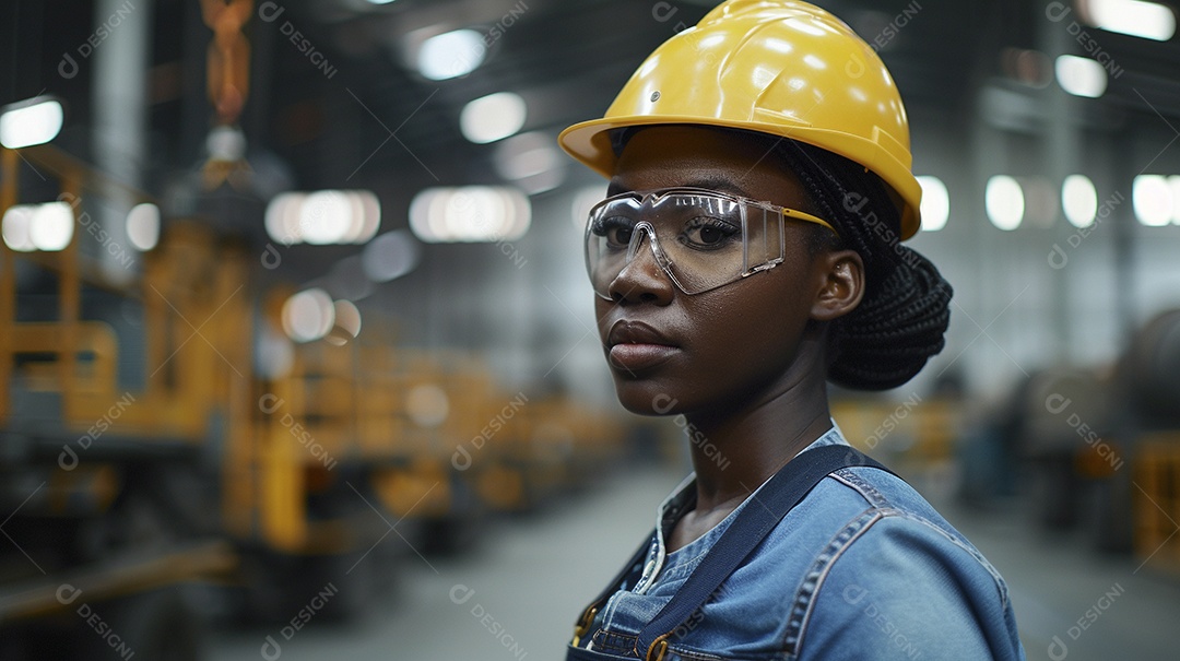 Engenheira Mulher, 30 anos, capacete amarelo e macacão azul escuro, usando um Tablet