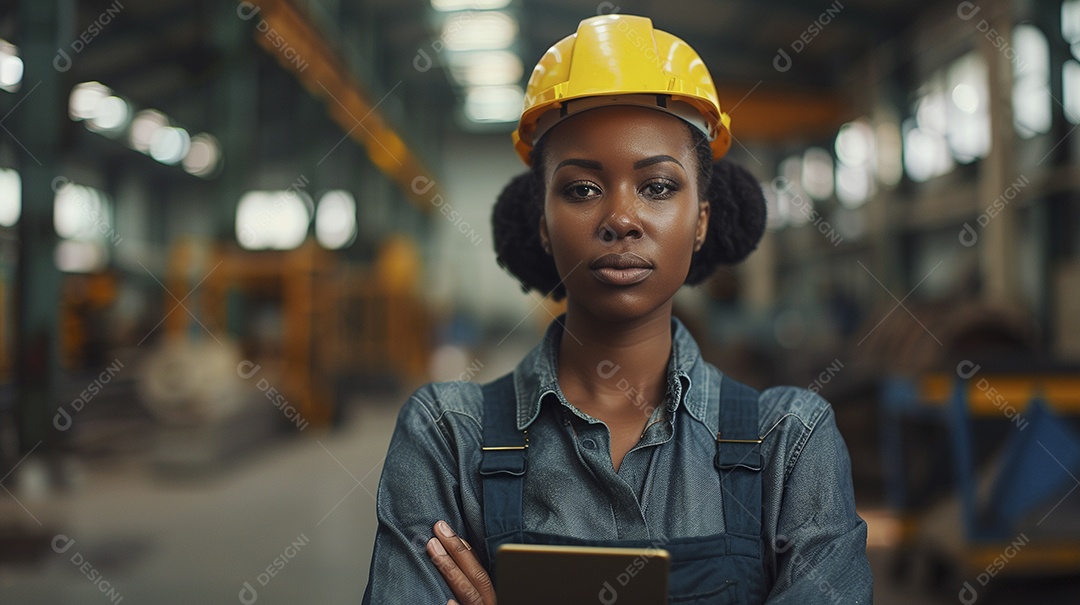 Engenheira Mulher, 30 anos, capacete amarelo e macacão azul escuro, usando um Tablet