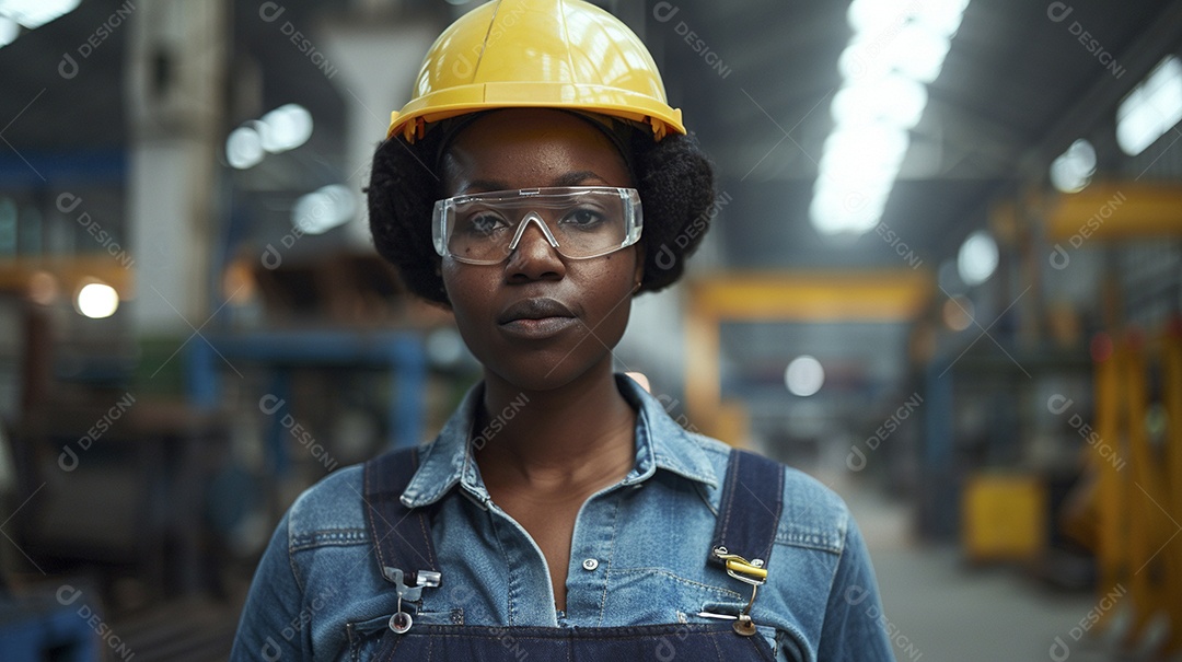 Engenheira Mulher, 30 anos, capacete amarelo e macacão azul escuro, usando um Tablet