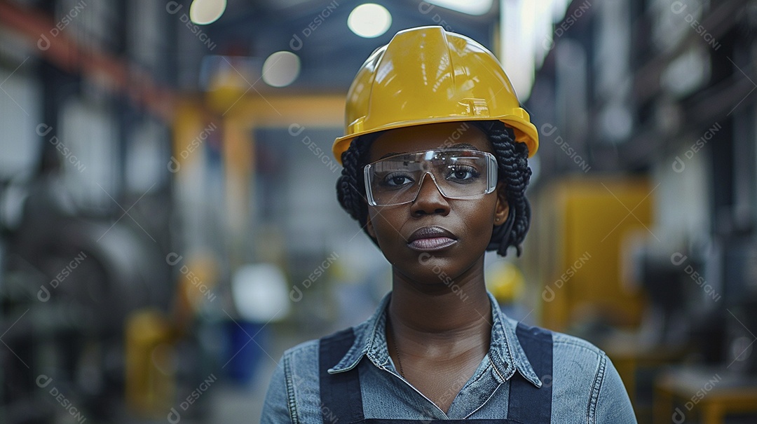 Engenheira Mulher, 30 anos, capacete amarelo e macacão azul escuro, usando um Tablet