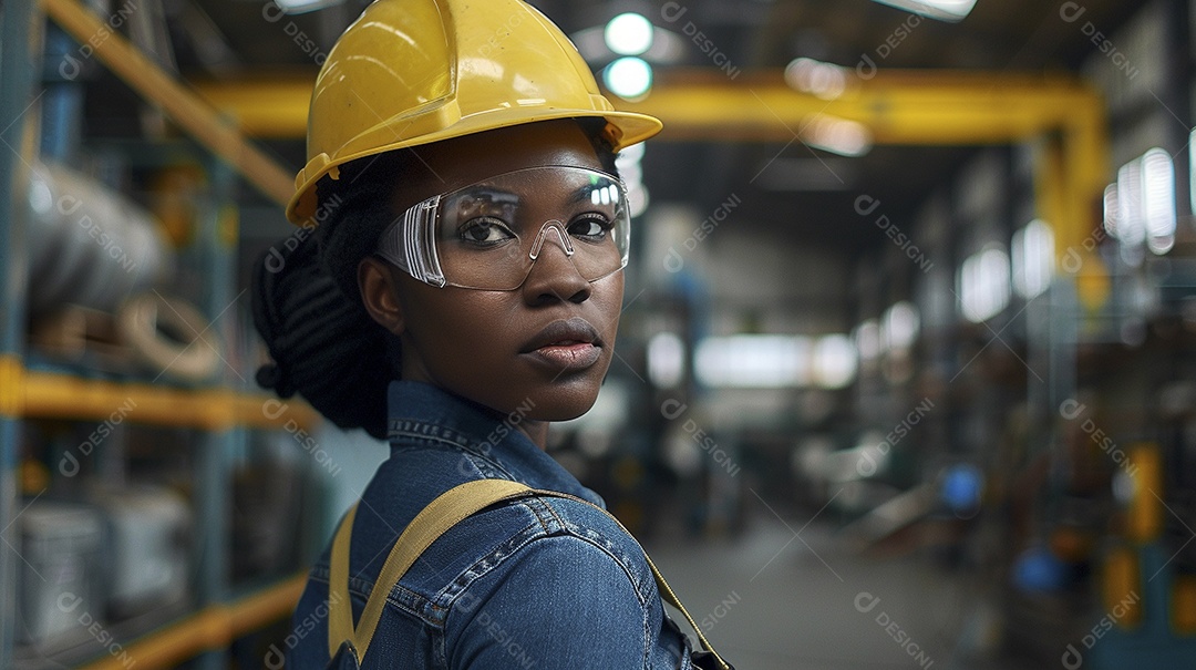 Engenheira Mulher, 30 anos, capacete amarelo e macacão azul escuro, usando um Tablet