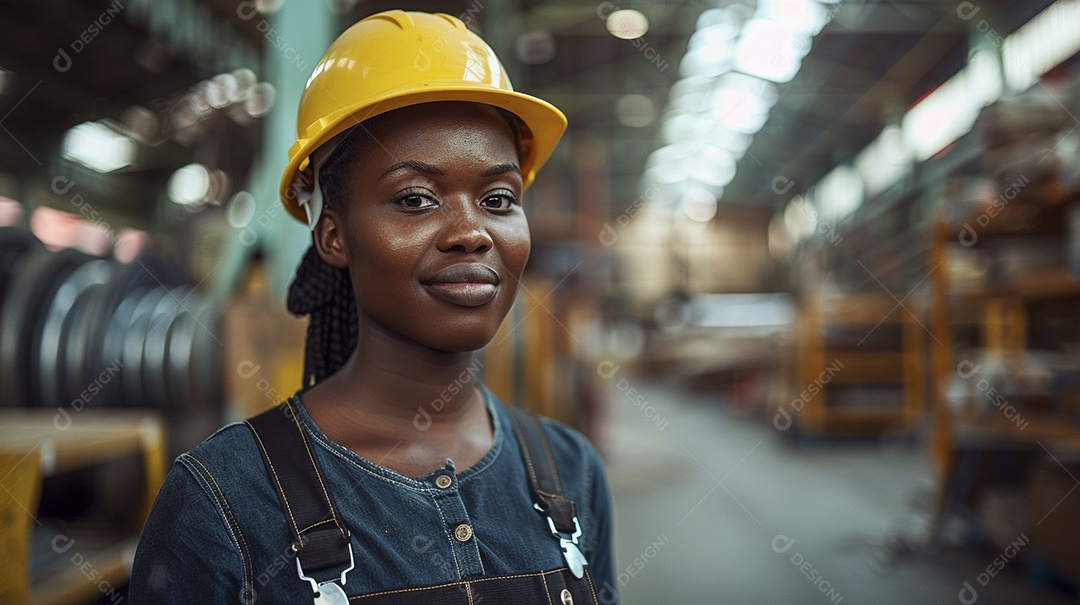 Engenheira Mulher, 30 anos, capacete amarelo e macacão azul escuro, usando um Tablet