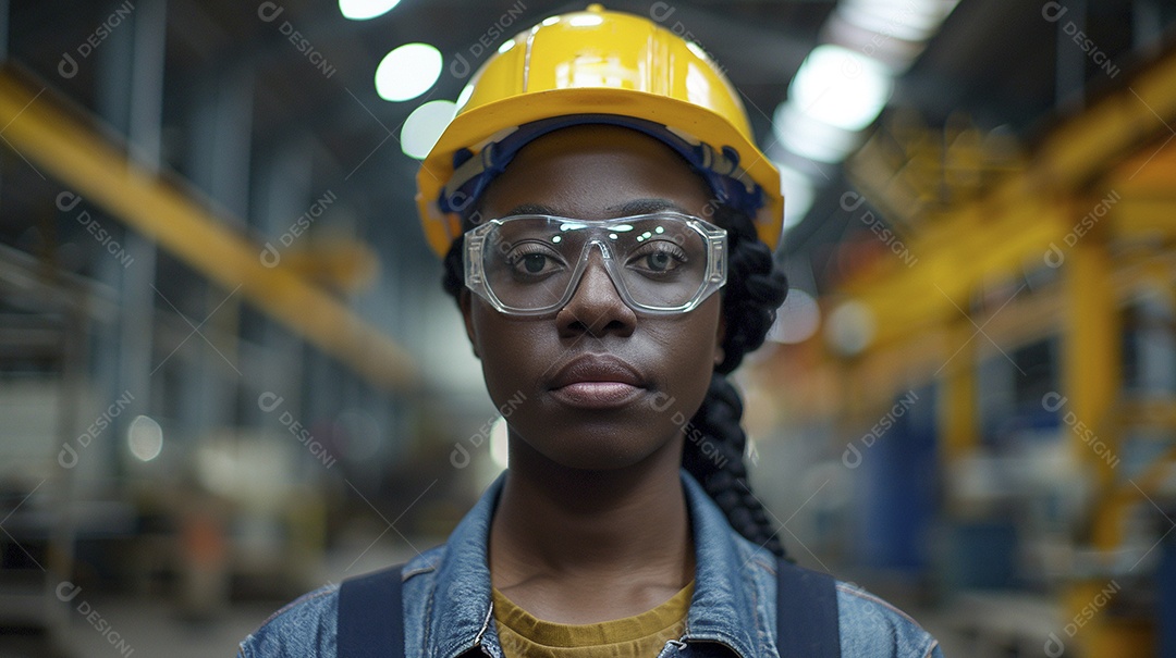 Engenheira Mulher, 30 anos, capacete amarelo e macacão azul escuro, usando um Tablet