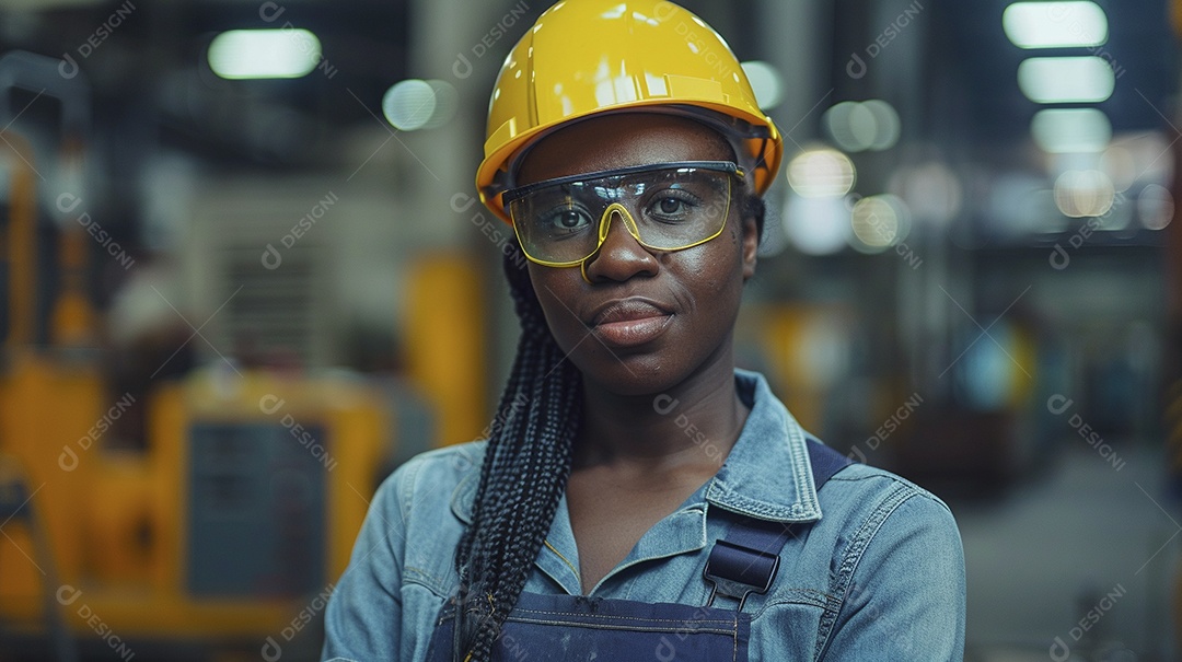 Engenheira Mulher, 30 anos, capacete amarelo e macacão azul escuro, usando um Tablet