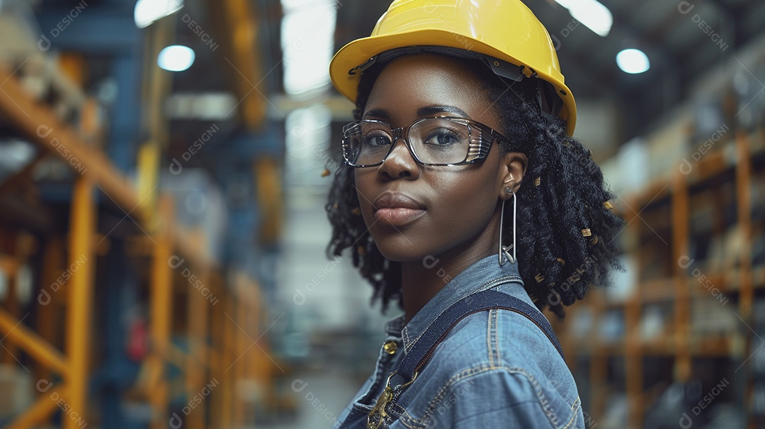 Engenheira Mulher, 30 anos, capacete amarelo e macacão azul escuro, usando um Tablet