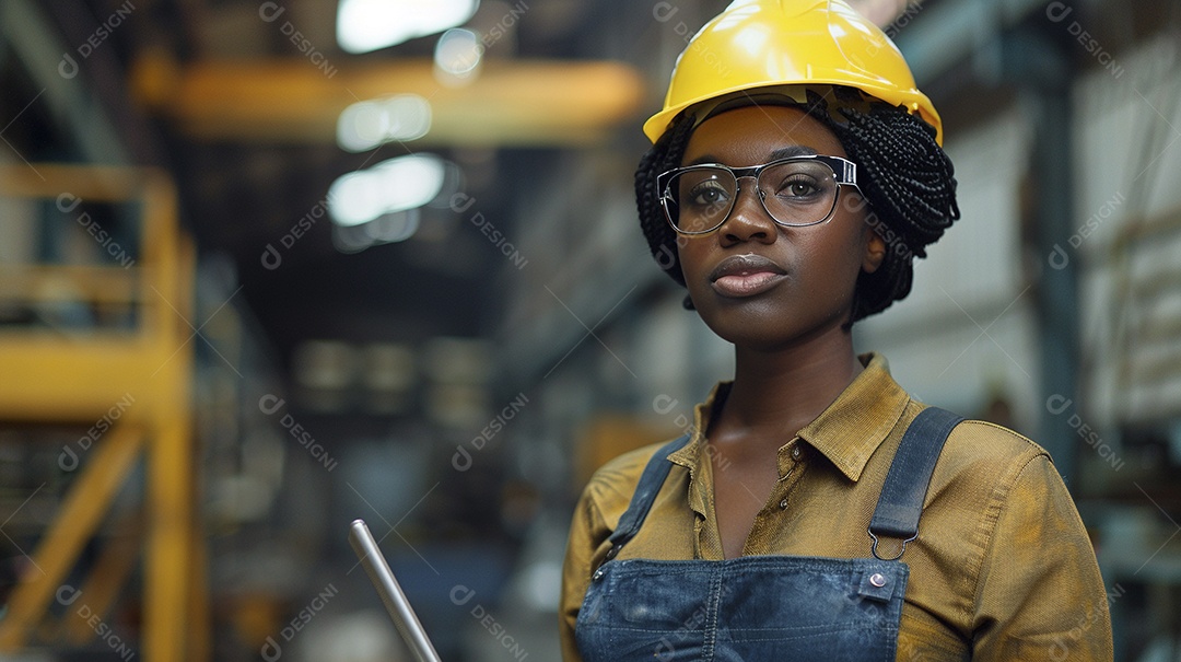 Engenheira Mulher, 30 anos, capacete amarelo e macacão azul escuro, usando um Tablet