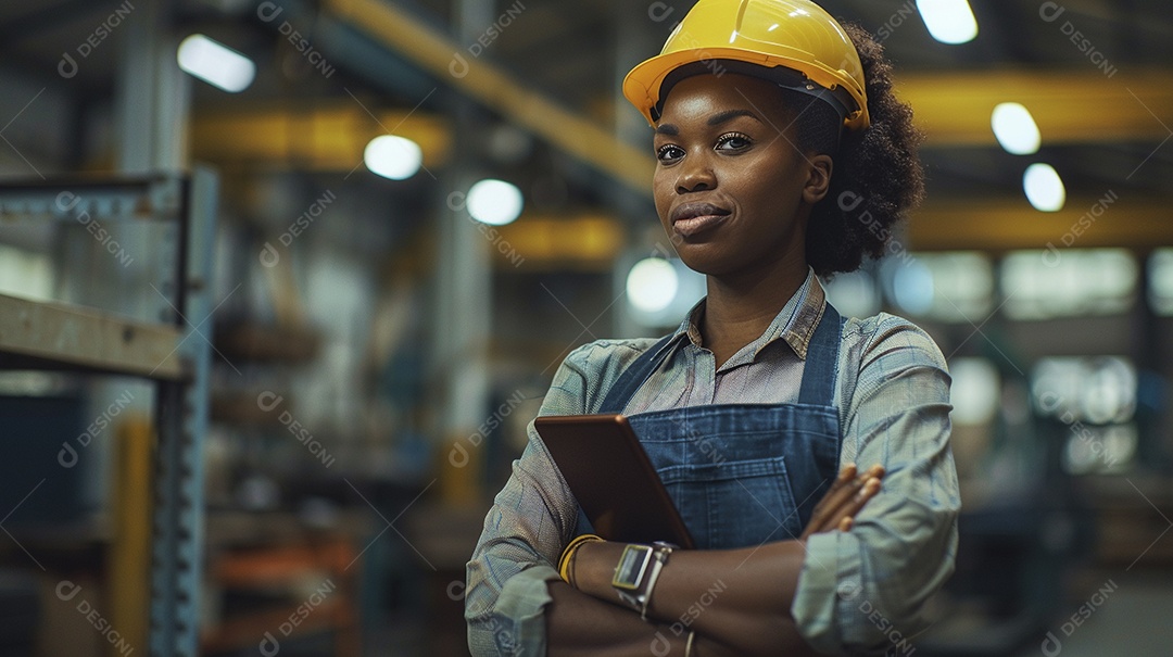 Engenheira Mulher, 30 anos, capacete amarelo e macacão azul escuro, usando um Tablet
