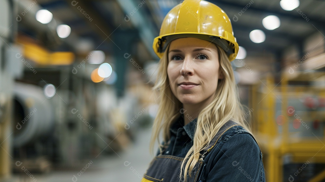 Engenheira Mulher, 30 anos, capacete amarelo e macacão azul escuro, usando um Tablet