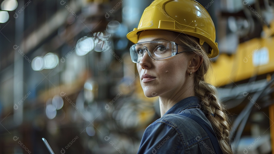 Engenheira Mulher, 30 anos, capacete amarelo e macacão azul escuro, usando um Tablet