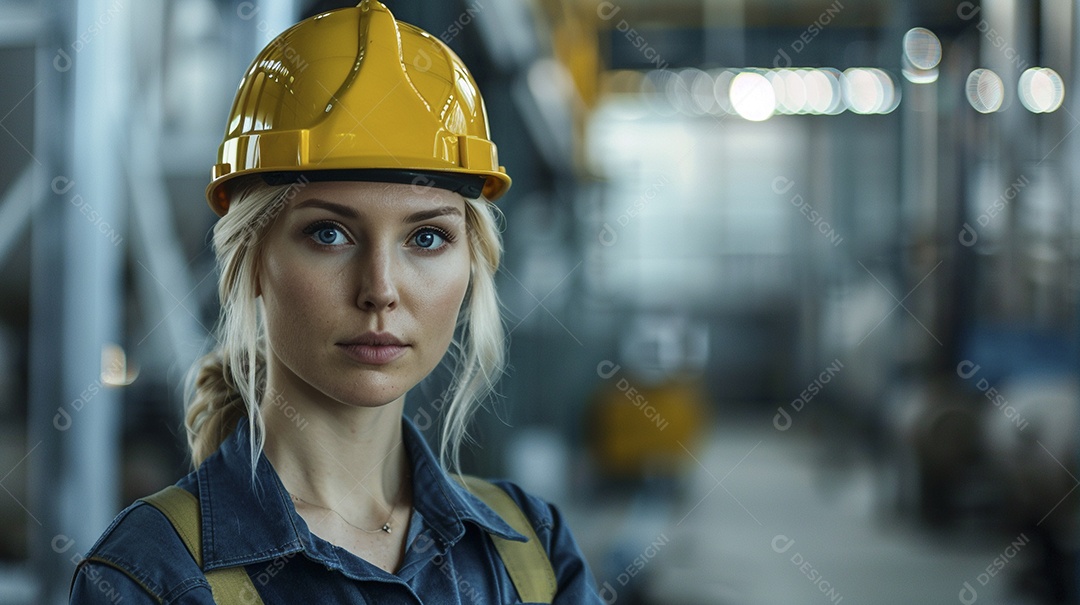 Engenheira Mulher, 30 anos, capacete amarelo e macacão azul escuro, usando um Tablet