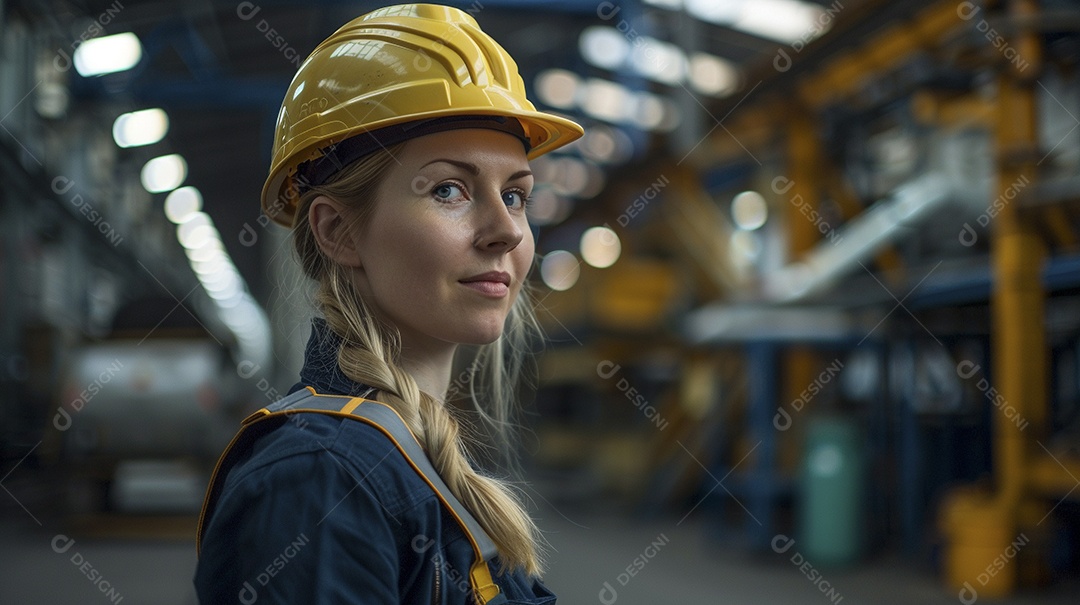 Engenheira Mulher, 30 anos, capacete amarelo e macacão azul escuro, usando um Tablet