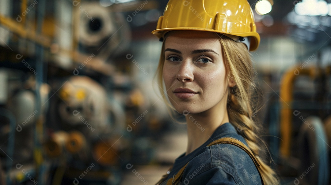 Engenheira Mulher, 30 anos, capacete amarelo e macacão azul escuro, usando um Tablet