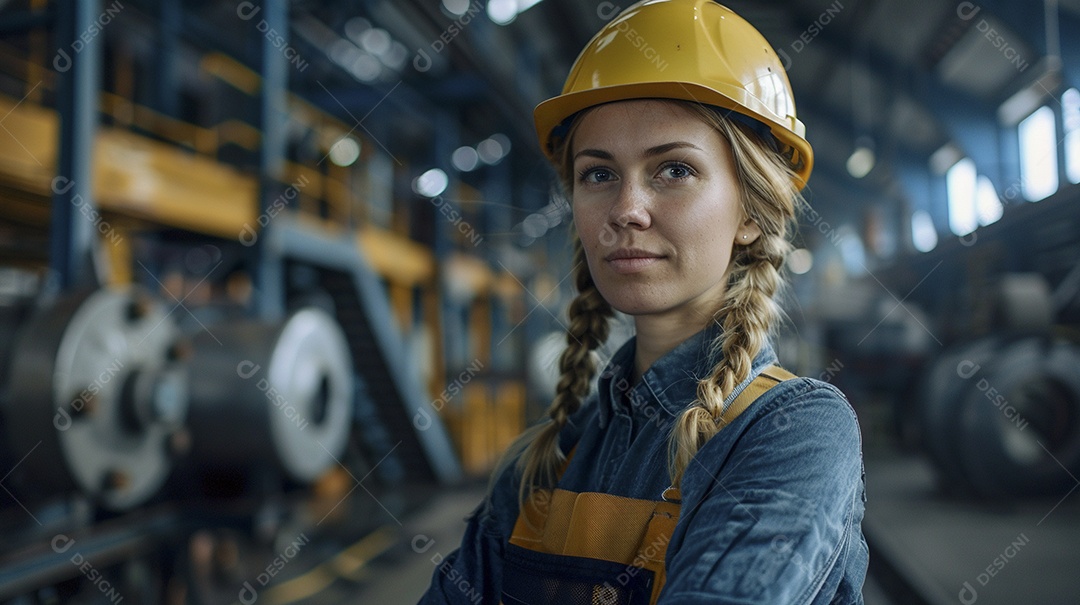 Engenheira Mulher, 30 anos, capacete amarelo e macacão azul escuro, usando um Tablet