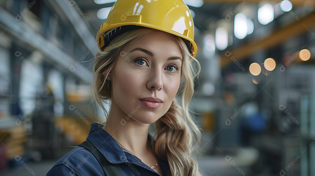 Engenheira Mulher, 30 anos, capacete amarelo e macacão azul escuro, usando um Tablet