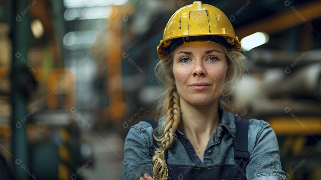 Engenheira Mulher, 30 anos, capacete amarelo e macacão azul escuro, usando um Tablet