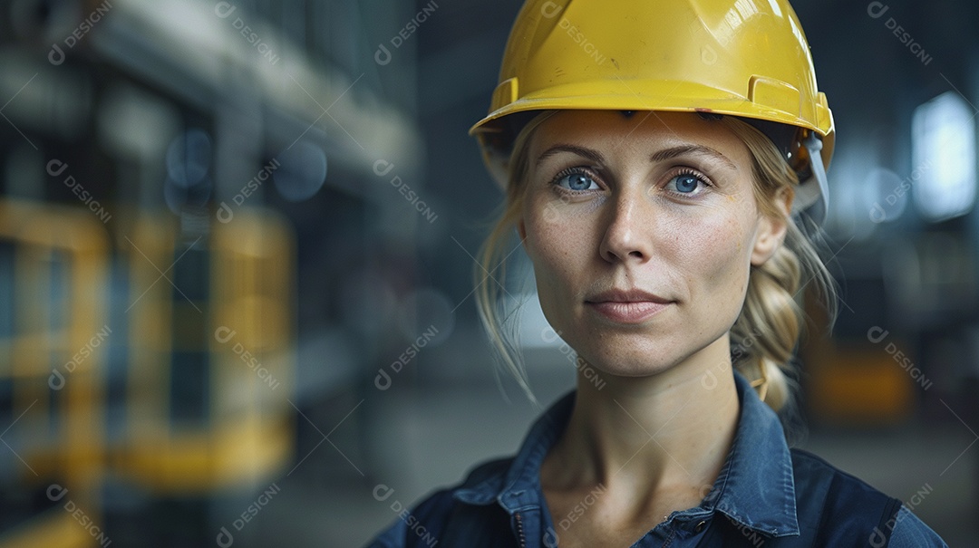 Engenheira Mulher, 30 anos, capacete amarelo e macacão azul escuro, usando um Tablet