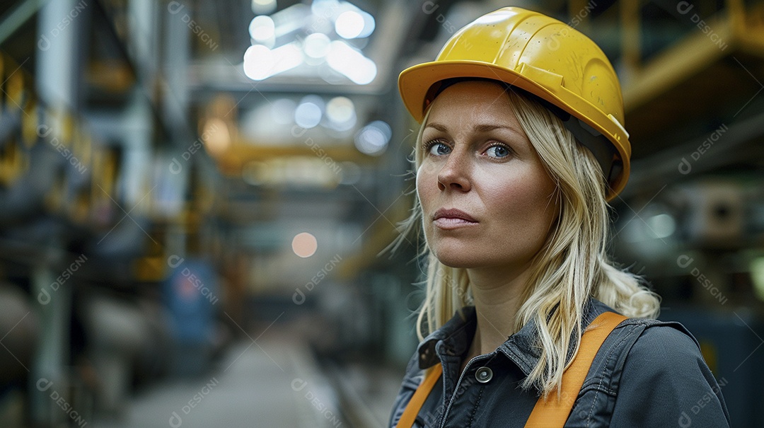 Engenheira Mulher, 30 anos, capacete amarelo e macacão azul escuro, usando um Tablet