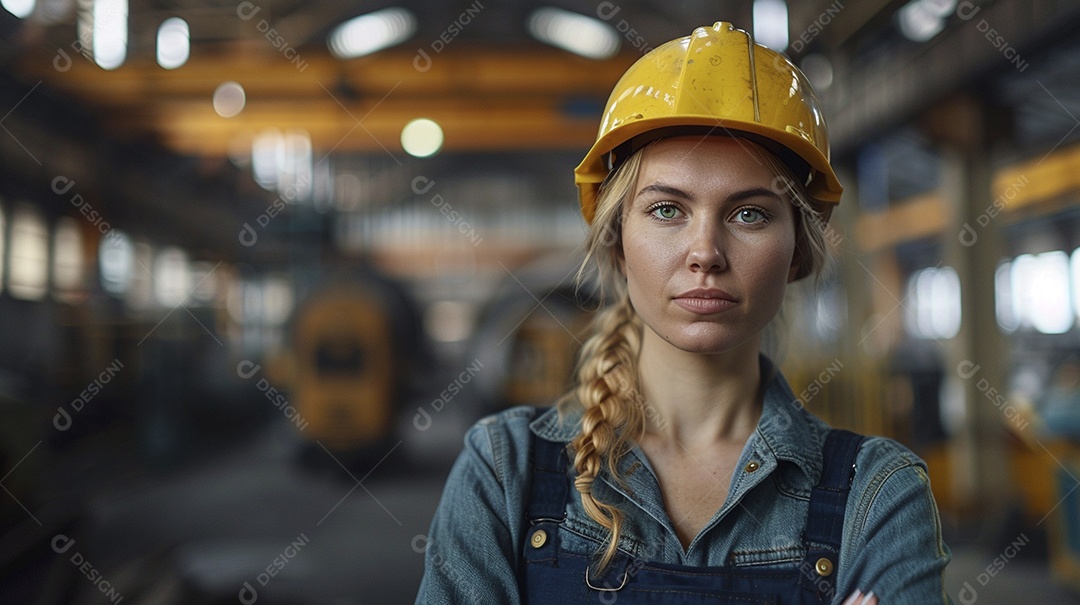 Engenheira Mulher, 30 anos, capacete amarelo e macacão azul escuro, usando um Tablet