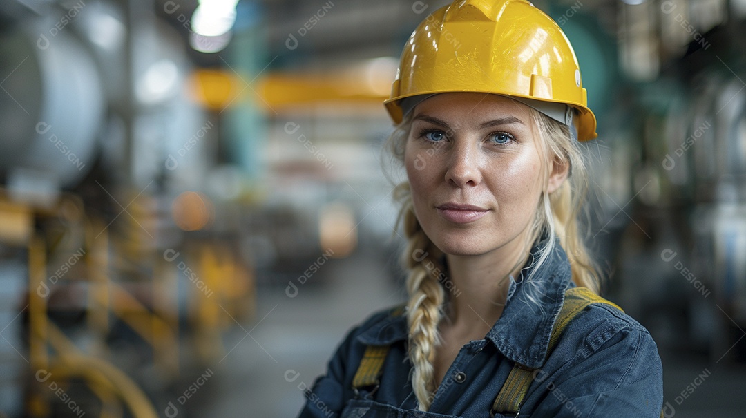 Engenheira Mulher, 30 anos, capacete amarelo e macacão azul escuro, usando um Tablet