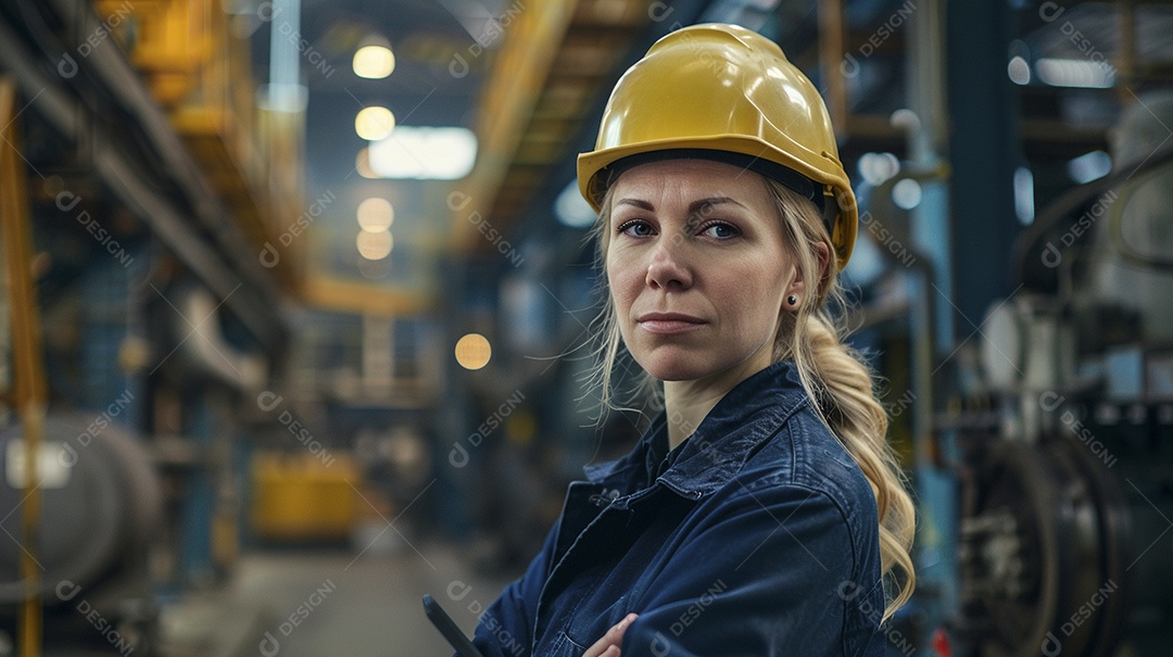 Engenheira Mulher, 30 anos, capacete amarelo e macacão azul escuro, usando um Tablet