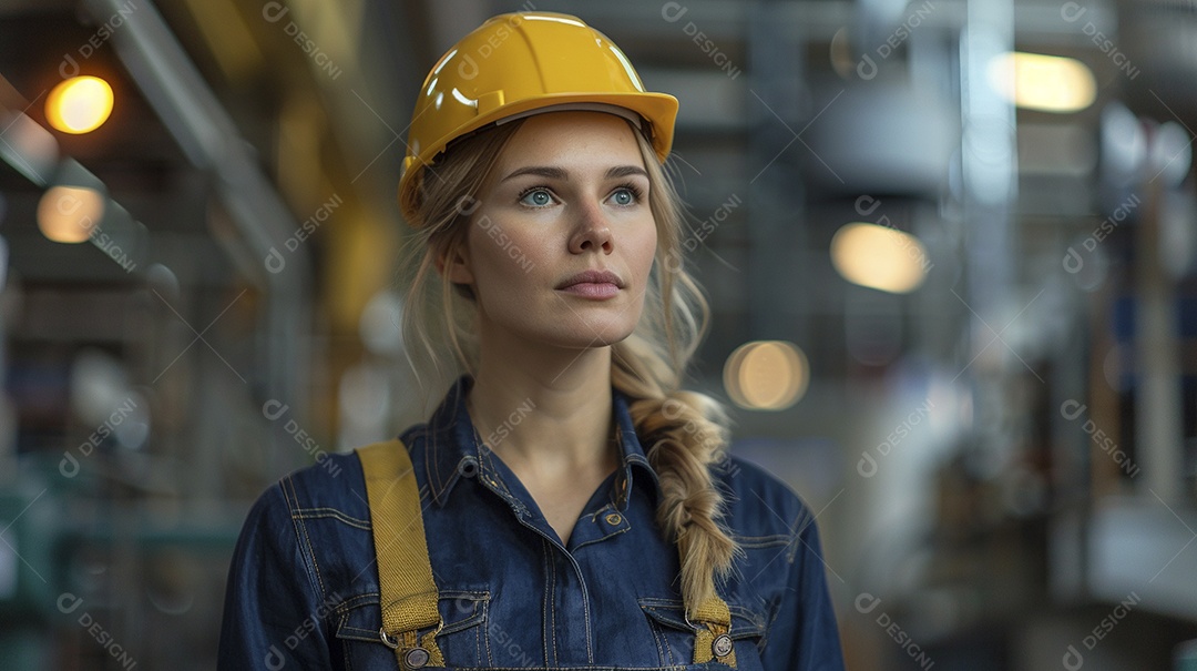 Engenheira Mulher, 30 anos, capacete amarelo e macacão azul escuro, usando um Tablet