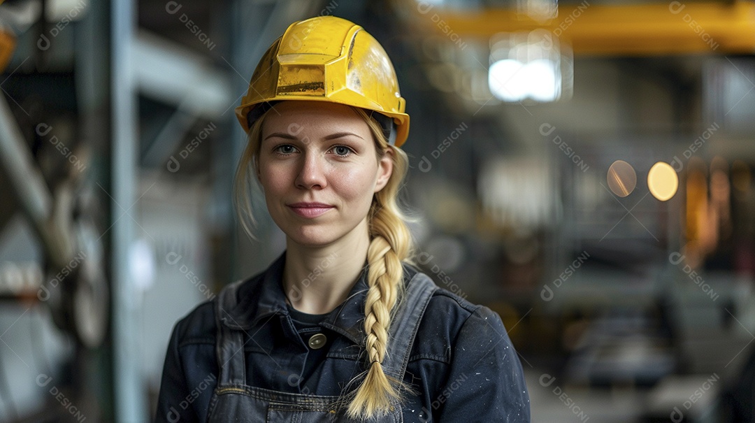 Engenheira Mulher, 30 anos, capacete amarelo e macacão azul escuro, usando um Tablet
