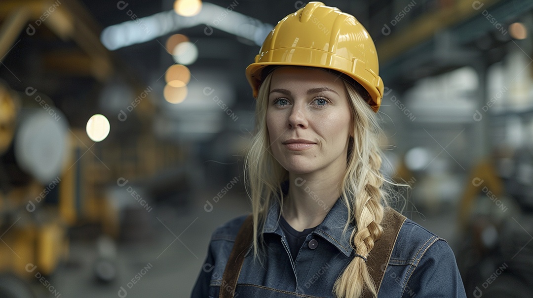 Engenheira Mulher, 30 anos, capacete amarelo e macacão azul escuro, usando um Tablet