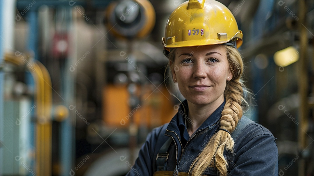 Engenheira Mulher, 30 anos, capacete amarelo e macacão azul escuro, usando um Tablet