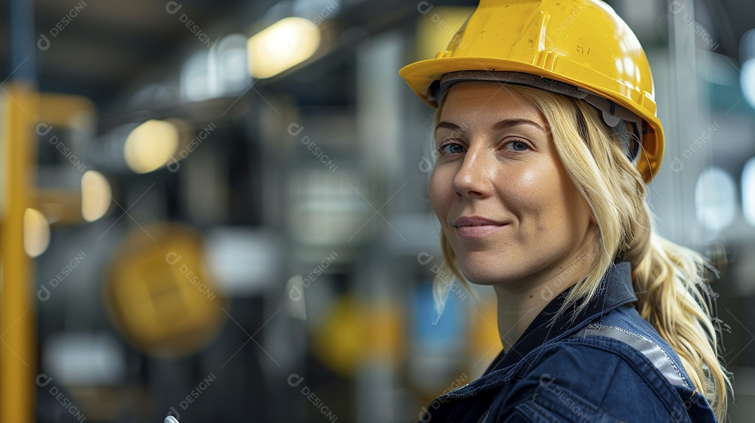 Engenheira Mulher, 30 anos, capacete amarelo e macacão azul escuro, usando um Tablet