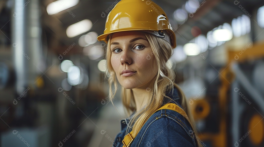 Engenheira Mulher, 30 anos, capacete amarelo e macacão azul escuro, usando um Tablet