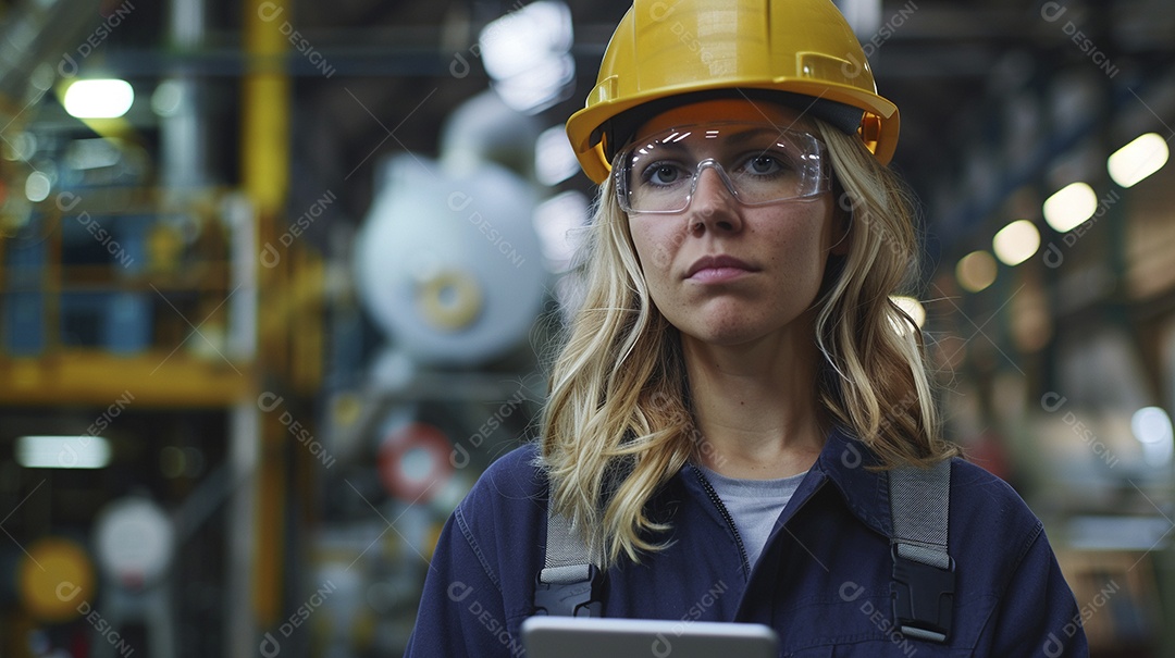 Engenheira Mulher, 30 anos, capacete amarelo e macacão azul escuro, usando um Tablet