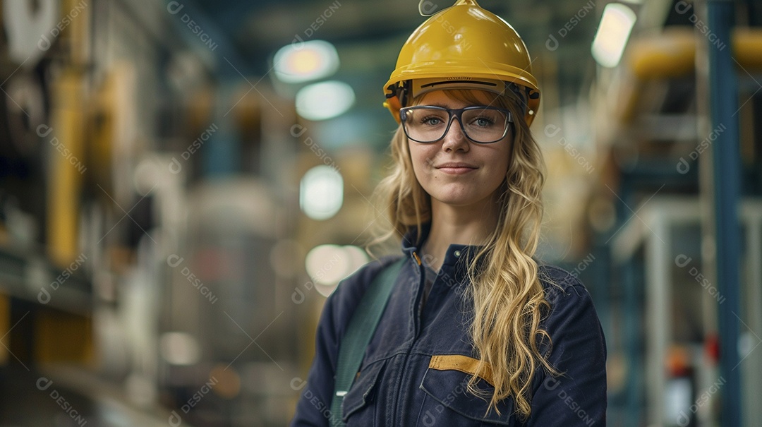 Engenheira Mulher, 30 anos, capacete amarelo e macacão azul escuro, usando um Tablet
