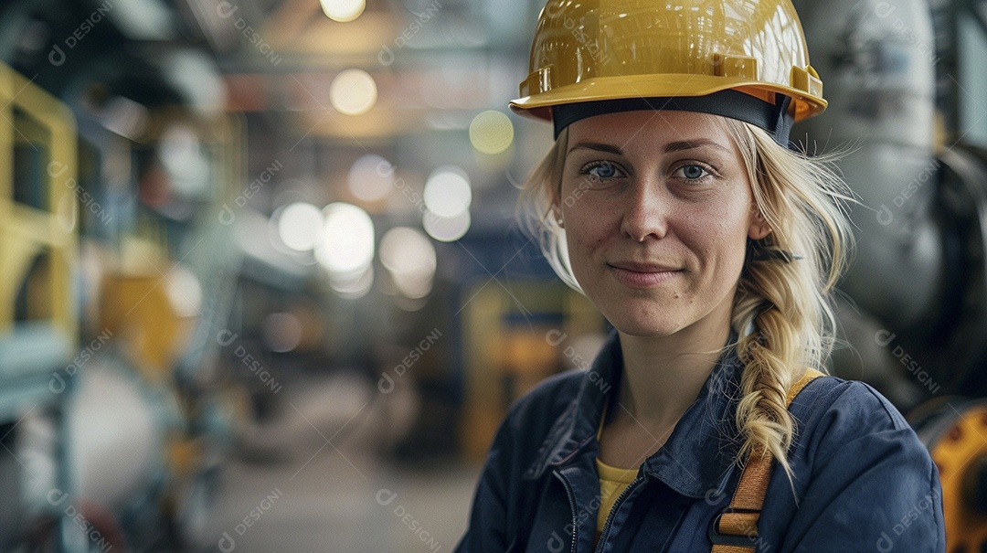 Engenheira Mulher, 30 anos, capacete amarelo e macacão azul escuro, usando um Tablet