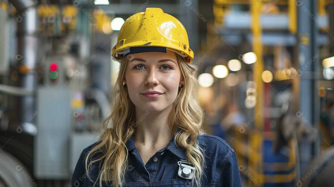 Engenheira Mulher, 30 anos, capacete amarelo e macacão azul escuro, usando um Tablet