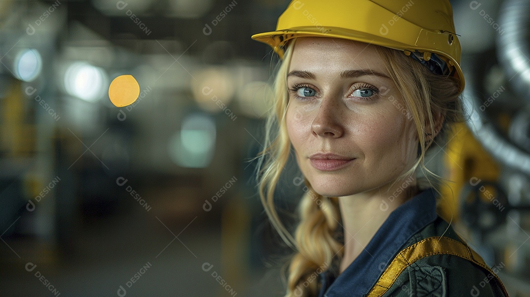 Engenheira Mulher, 30 anos, capacete amarelo e macacão azul escuro, usando um Tablet