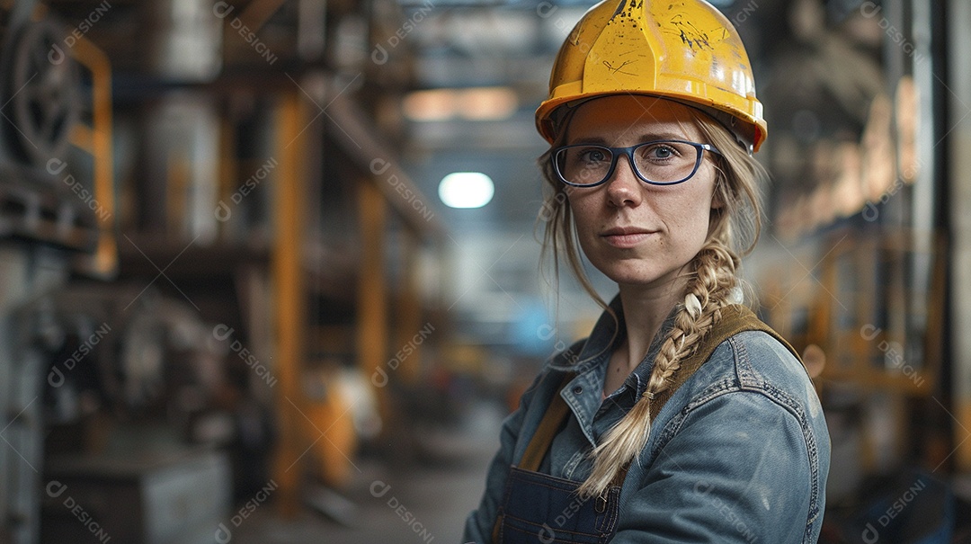 Engenheira Mulher, 30 anos, capacete amarelo e macacão azul escuro, usando um Tablet
