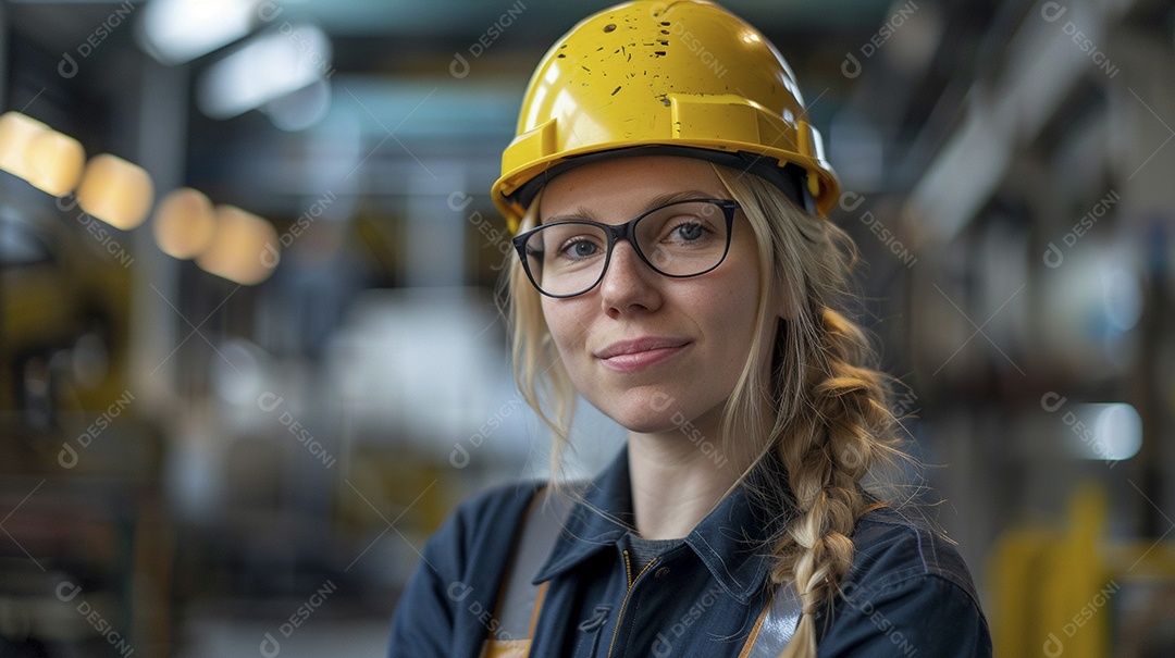 Engenheira Mulher, 30 anos, capacete amarelo e macacão azul escuro, usando um Tablet