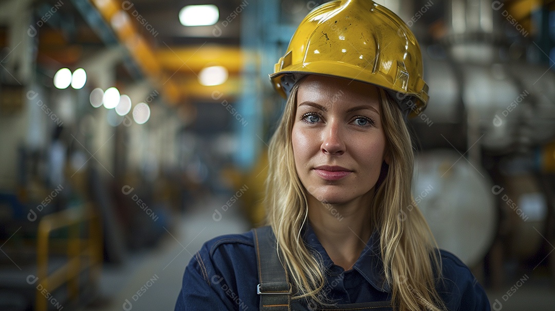 Engenheira Mulher, 30 anos, capacete amarelo e macacão azul escuro, usando um Tablet