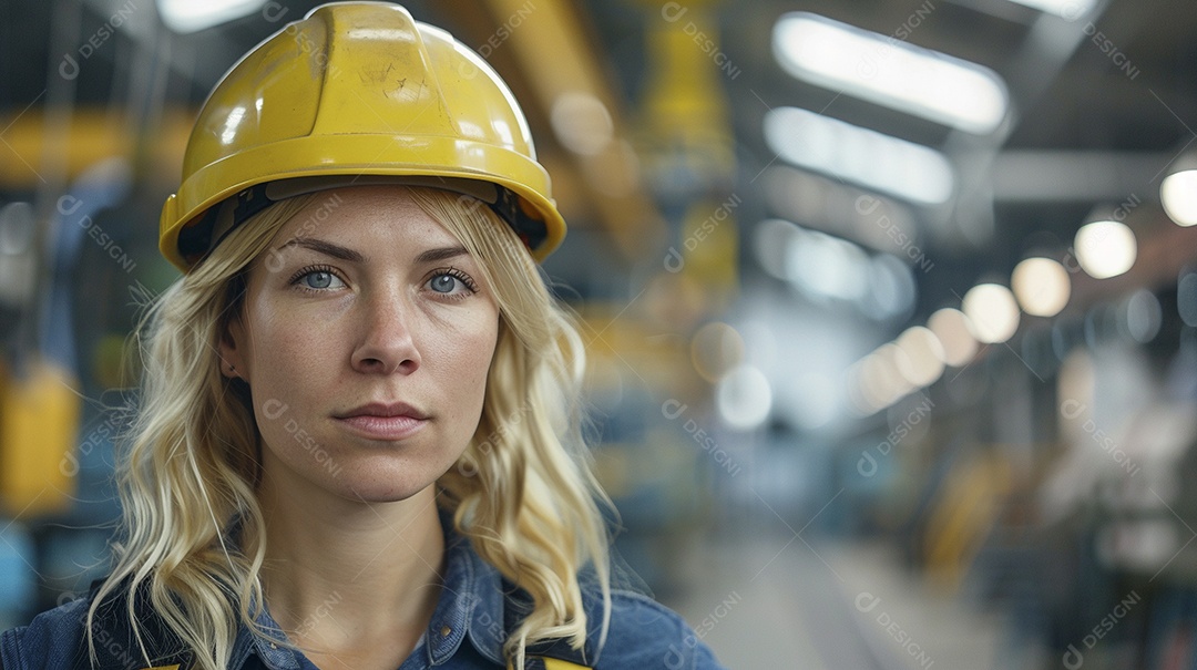 Engenheira Mulher, 30 anos, capacete amarelo e macacão azul escuro, usando um Tablet