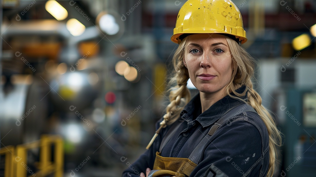 Engenheira Mulher, 30 anos, capacete amarelo e macacão azul escuro, usando um Tablet