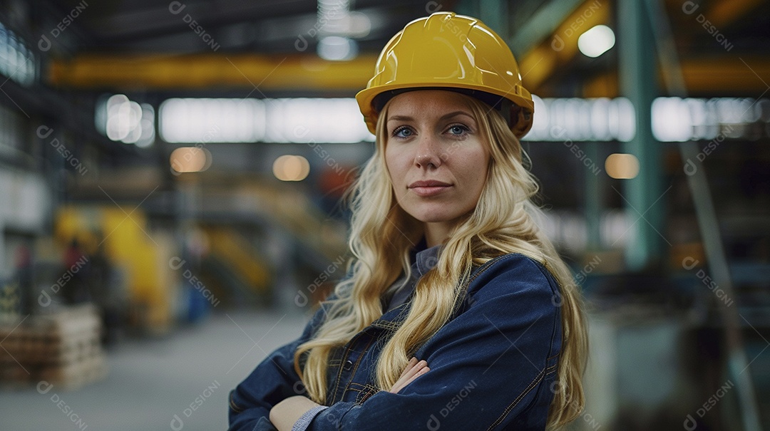 Engenheira Mulher, 30 anos, capacete amarelo e macacão azul escuro, usando um Tablet