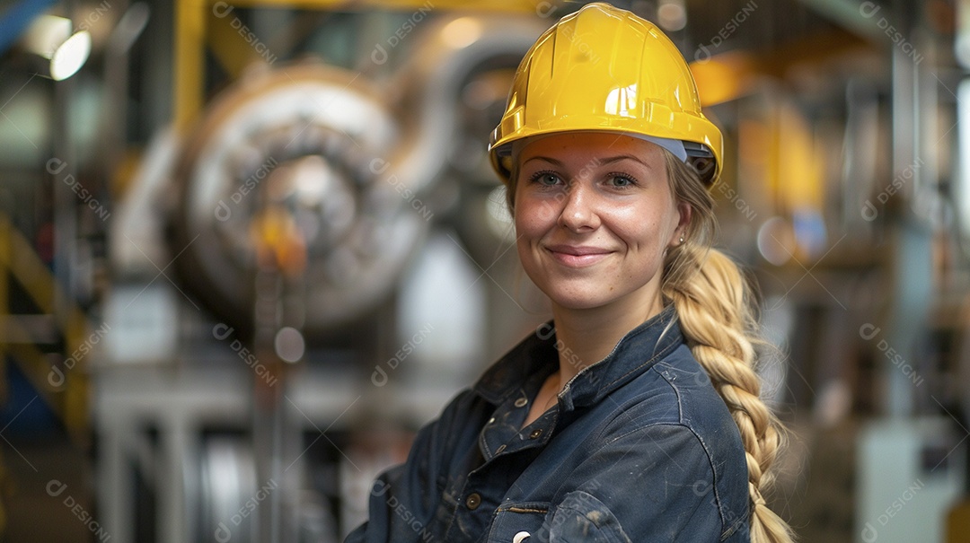 Engenheira Mulher, 30 anos, capacete amarelo e macacão azul escuro, usando um Tablet