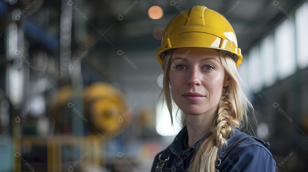Engenheira Mulher, 30 anos, capacete amarelo e macacão azul escuro, usando um Tablet
