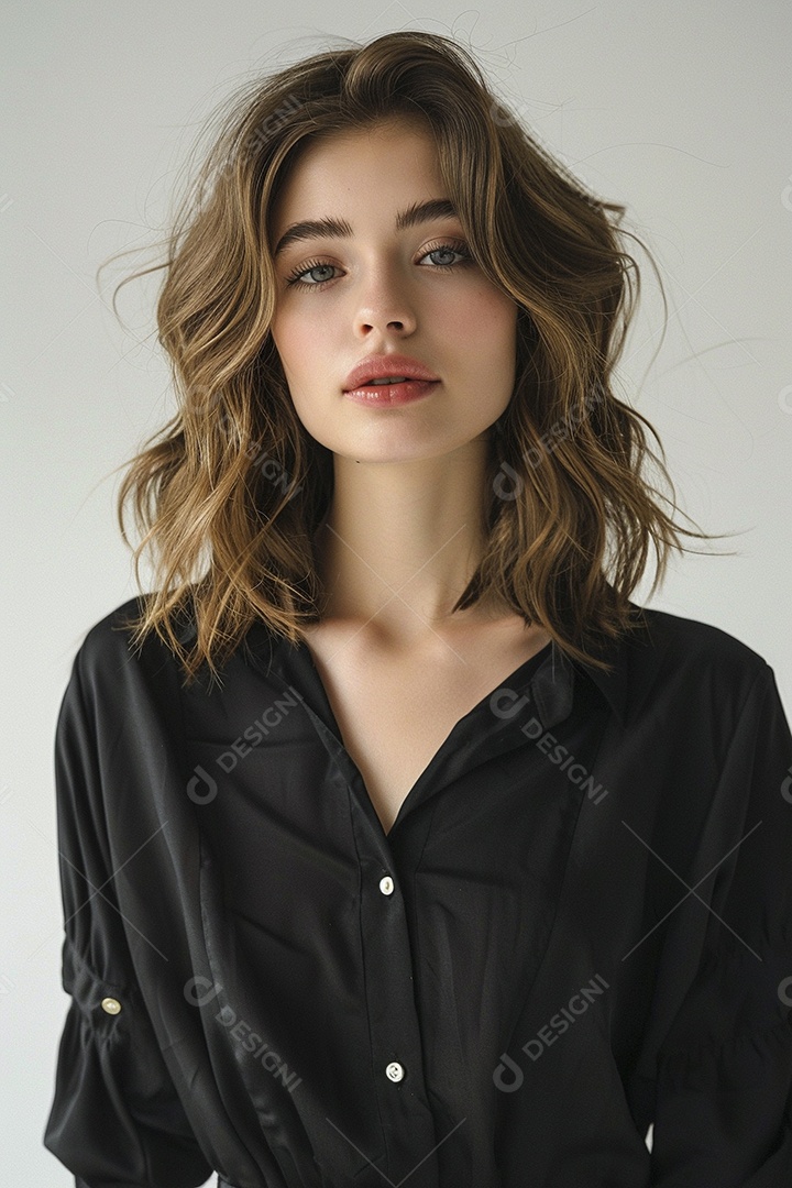 Foto de moda de mulher com cabelo castanho perfeitamente penteado