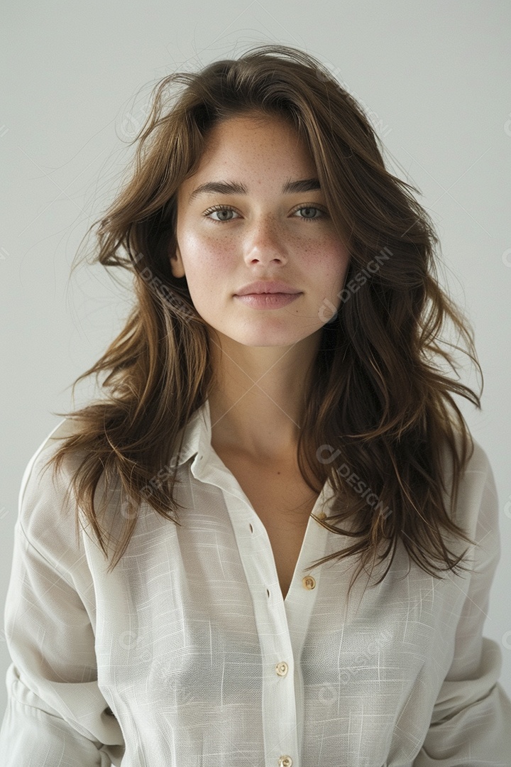 Foto de moda de mulher com cabelo castanho perfeitamente penteado