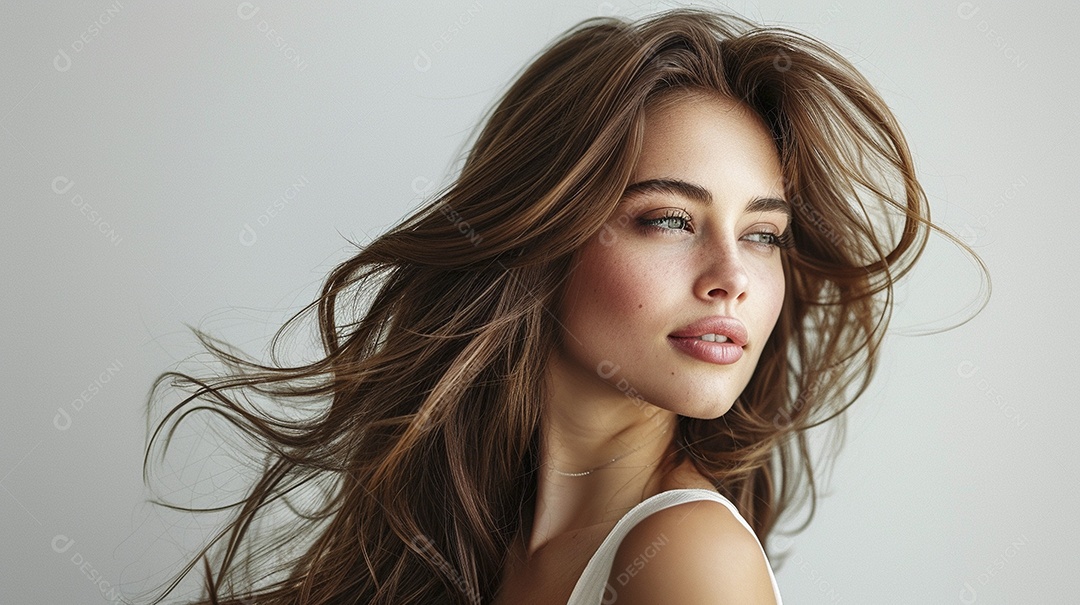 Foto de moda de mulher com cabelo castanho perfeitamente penteado